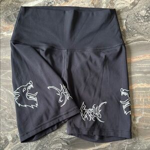 Black Biker Shorts with White Wolf Design